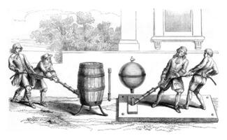 Fig 1 - Otto von Guericke was trying to empty a barrel, Fig 2 - Second container employed by Otto von Guericke to evacuate, vintage engraving. photo