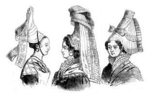 Current hairstyles of Normandy, vintage engraving. photo