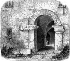 Fragments of the registration of Augustus on the door of a house in La Turbie, vintage engraving. photo