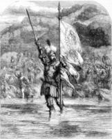 29 noviembre 1513, balboa toma posesión de el sur mar en el nombre de Castilla y el Reino de León, Clásico grabado. foto