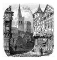Old houses in Bacharach on the left bank of the Rhine, vintage engraving. photo