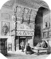 Chimney of the room of the marriages, in the town hall of Antwerp, vintage engraving. photo