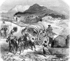 Galera arriving at a hostel in the Sierra Nevada, vintage engraving. photo