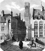 The Saint John Bridge and the Belfry Tower, in Bruges, vintage engraving. photo