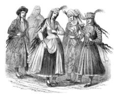 Ladies Persian costumes in 1666, vintage engraving. photo