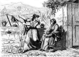 The witch Calpurnia persuaded that Nuccia Meo Patacca betrayed, vintage engraving. photo