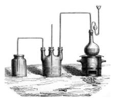 el aparato para productor el cloro gas, Clásico grabado. foto