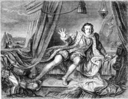 Garrick in the role of Richard III by William Hogarth Painting, vintage engraving. photo