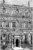 Castle of Heidelberg, Detail of the facade of the palace of Auron Henri, vintage engraving. photo