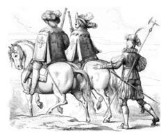mosqueteros en lado de caballo y cien Suiza, después 1630, Clásico grabado. foto