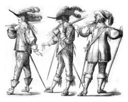 Officer and Musketeer on foot of the French Guards, in 1635, Officer with the hongreline, in 1643, vintage engraving. photo