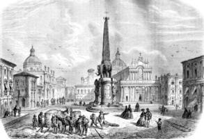 The Fountain of the Elephant, Catania, vintage engraving. photo