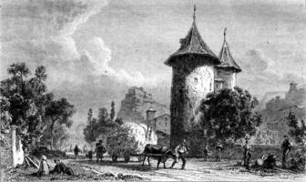 1861 Exhibition of Painting, A View of Sion Valais tower Wizards, by Karl Girardet, vintage engraving. photo