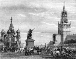 Krasnaya Red Square and the monument to Minin and Pajearski in Moscow, vintage engraving. photo