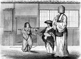 japonés mendigos, Clásico grabado. foto