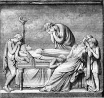 Bas relief of the funeral cippus of the Countess of Haro, daughter of the Marquis of Santa Cruz, by Canova, vintage engraving. photo