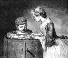 The Lesson of the elder sister, vintage engraving. photo