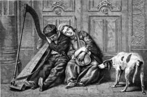 Small Street musicians, vintage engraving. photo
