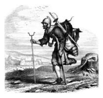 Wounded soldier returning from the war. Engraving by J.M. Metelli. Drawing by Hernault. photo