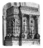Fragment of the portal of Saint Trophime, Arles, vintage engraving. photo
