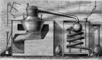 mundo expo 1867, platino retorta para el concentración de sulfúrico ácido, Clásico grabado. foto