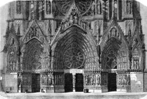 Portal of the Reims Cathedral, vintage engraving. photo