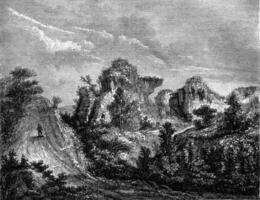 Ruins of the castle of Longueville, Seine-Bottom, vintage engraving. photo