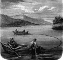 On a Swiss lake, vintage engraving. photo