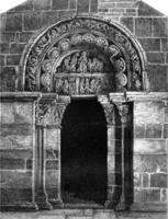 Side door south of the church Sainte-Madeleine in Vezelay, vintage engraving. photo