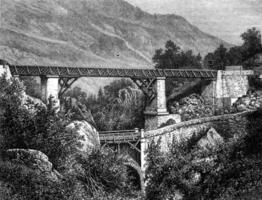 The bridge of Sia, Hautes-Pyrenees, vintage engraving. photo