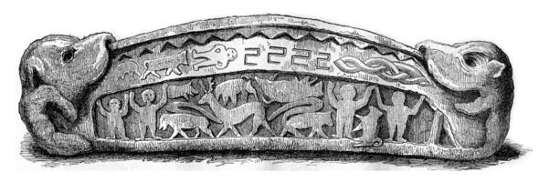 Stone coffin Heysham, Lancashire, vintage engraving. photo