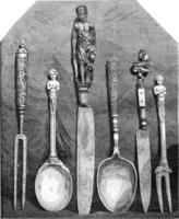 Cutlery of the sixteenth and seventeenth century carved ivory, vintage engraving. photo