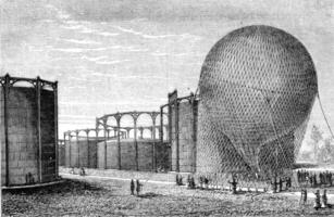 Departure from the gas plant, vintage engraving. photo