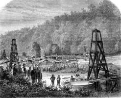Oil extraction, Woodford wells and Philip, Pennsylvania, vintage engraving. photo