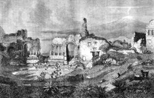 Taormina theater ruins, Sicily, vintage engraving. photo