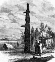 Indian sculptures of America, Piher wooden, stacked figures, at Fort Simpson, North America, vintage engraving. photo