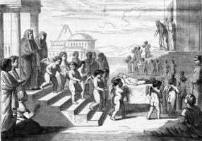 The Funeral of a genius, Poussin attribute table, vintage engraving. photo