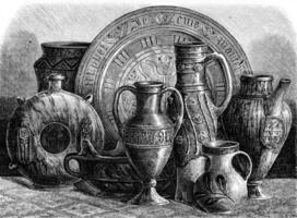 Glazed pottery of the fourteenth and fifteenth centuries, vintage engraving. photo