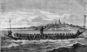 Canoe racing in Cambodia, vintage engraving. photo