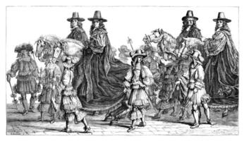 Museum of Dresden. - Walk magistrates in Paris, in the seventeenth century drawing by Francois Chauveau. - Drawing Bocourt, vintage engraving. photo