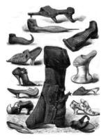 Zapatos en monitor en el histórico museo de traje, en 1874, Clásico grabado. foto