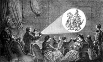 A magic lantern representation, vintage engraving. photo