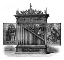 Kensington Museum, London, German portable organ of the sixteenth century, vintage engraving. photo