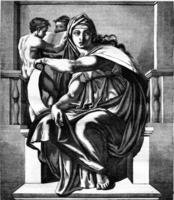 Sistine Chapel The Delphic Sibyl, fresco by Michelangelo, vintage engraving. photo