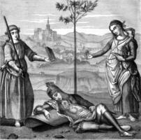 The Dream of the Knight by Raphael, at the National Gallery in London, vintage engraving. photo