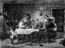 Painting, After dinner, vintage engraving. photo