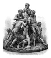 The game of football in England, terracotta group, Tinworth, vintage engraving. photo