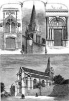 Church of Sarcelles, Seine et Oise, Fleche, small and large gate, vintage engraving. photo