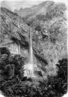 Fautaua Waterfall, Tahiti, vintage engraving. photo