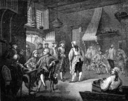 Cabaret in the eighteenth century, under Louis XV, Musee du Luxembourg, vintage engraving. photo